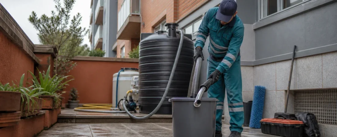 Técnico controlando la descarga de agua durante un servicio de limpieza de tanques