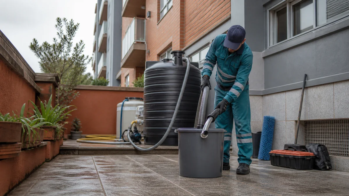 Técnico controlando la descarga de agua durante un servicio de limpieza de tanques