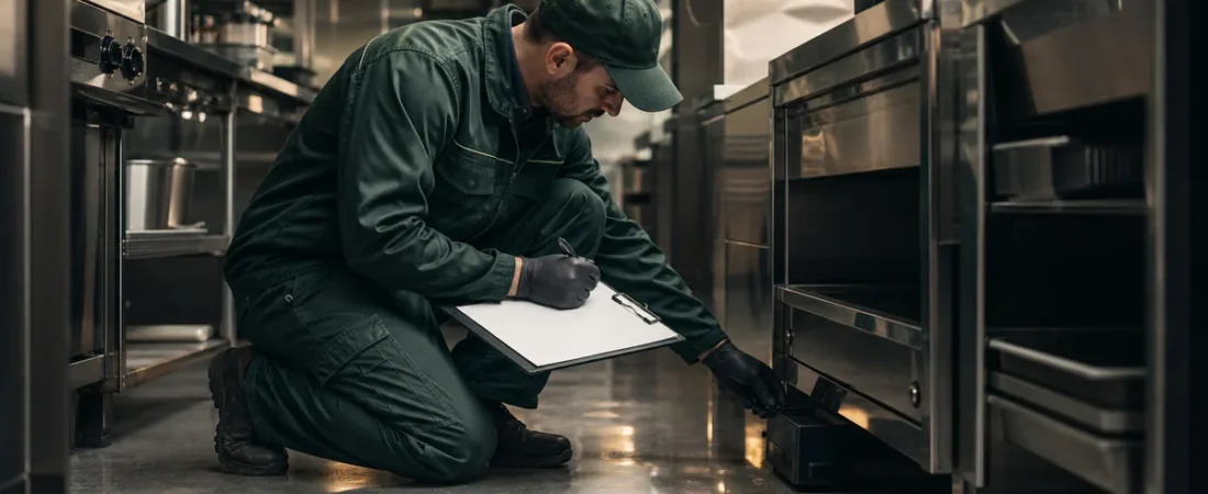 Técnico registrando la inspección de una estación de monitoreo en una cocina comercial