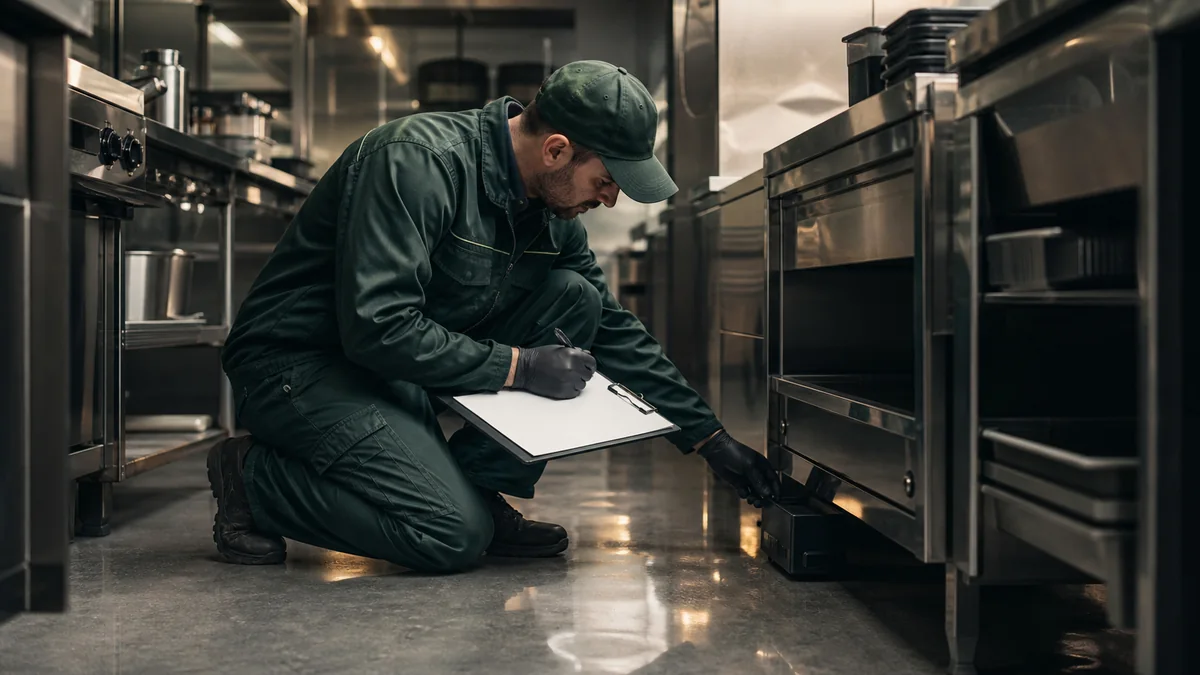 Técnico registrando la inspección de una estación de monitoreo en una cocina comercial