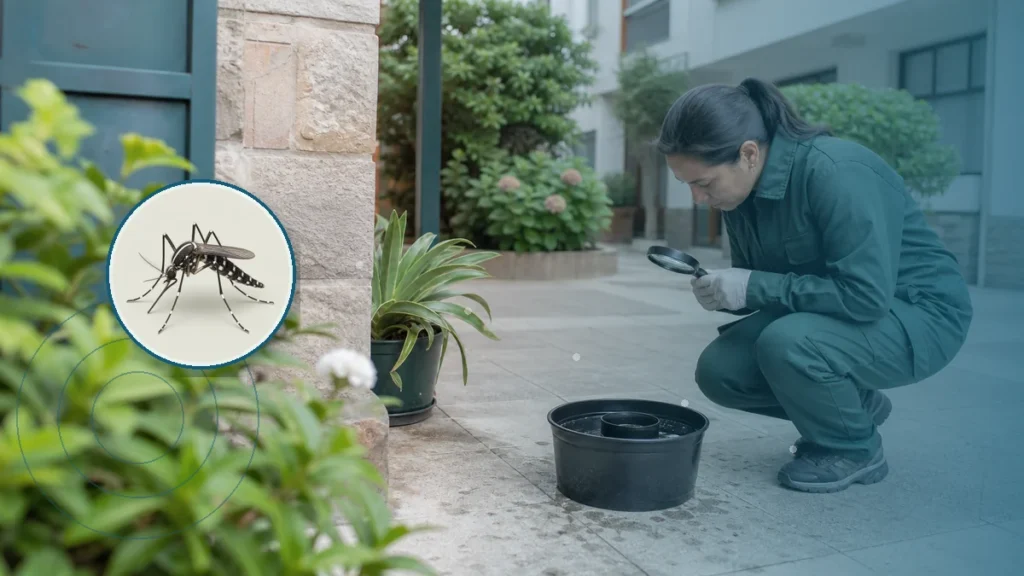 Técnica inspeccionando una ovitrampa y criaderos de mosquitos. Tema: Oropouche bajo vigilancia: presencia regional no es circulac (Argentina y países limítrofes)