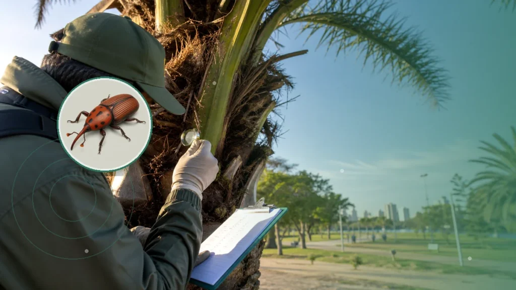 Especialista realizando vigilancia fitosanitaria en vegetación urbana. Tema: Picudo rojo 2026: nuevas reglas para ejemplares y palmeras sospechosas (Argentina)