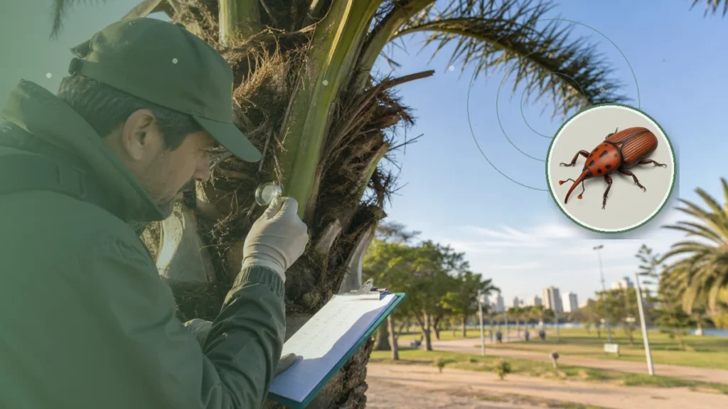 Especialista realizando vigilancia fitosanitaria en vegetación urbana. Tema: Picudo rojo y palmares: vigilancia preventiva desde Entre Río (Entre Ríos y Litoral)
