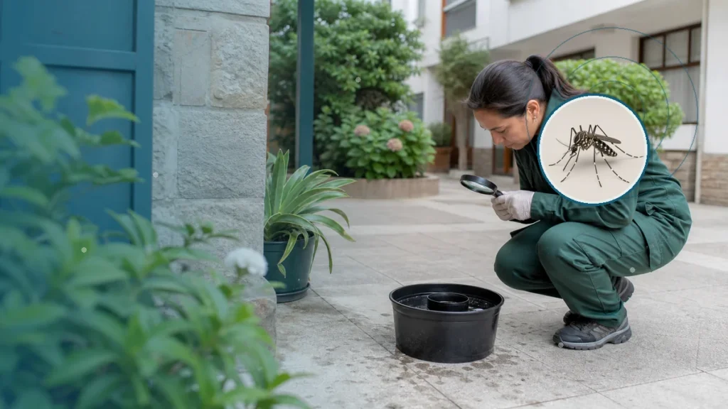 Técnica inspeccionando una ovitrampa y criaderos de mosquitos. Tema: Plan de dengue 2025-2026: fases, riesgo y vigilancia integrada (Argentina)