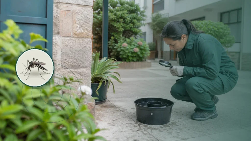 Técnica inspeccionando una ovitrampa y criaderos de mosquitos. Tema: Dengue todo el año: por qué la prevención no empieza con el brote (Argentina)
