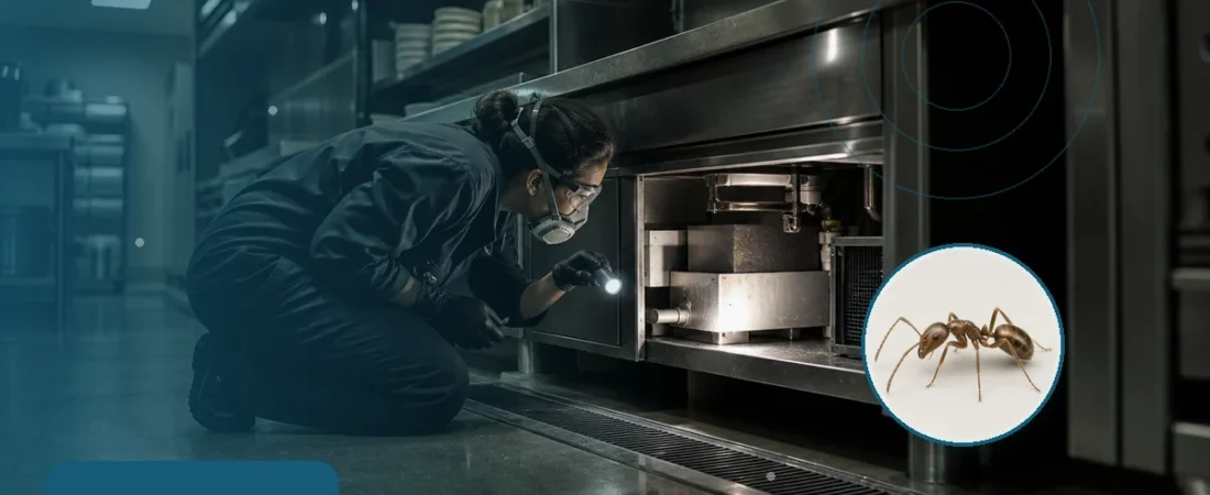 Técnica inspeccionando puntos críticos de una cocina gastronómica. Tema: Productos domisanitarios habilitados: qué revisar antes de utilizarlos (Argentina)