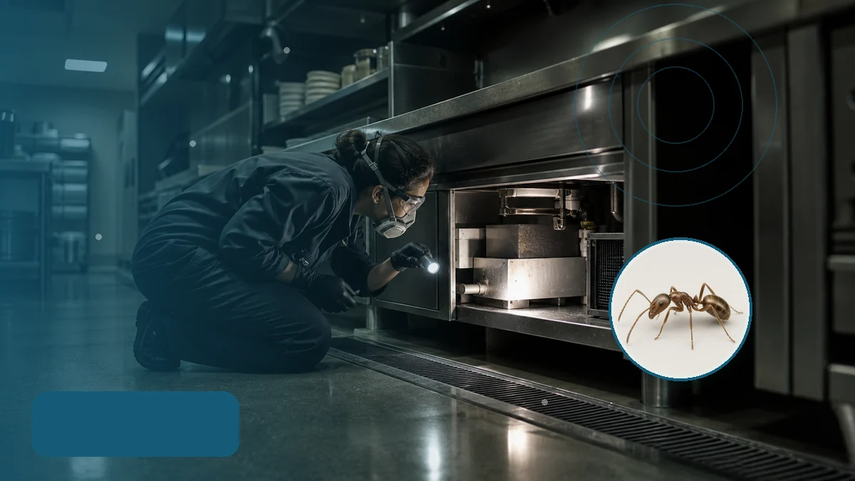 Técnica inspeccionando puntos críticos de una cocina gastronómica. Tema: Productos domisanitarios habilitados: qué revisar antes de utilizarlos (Argentina)