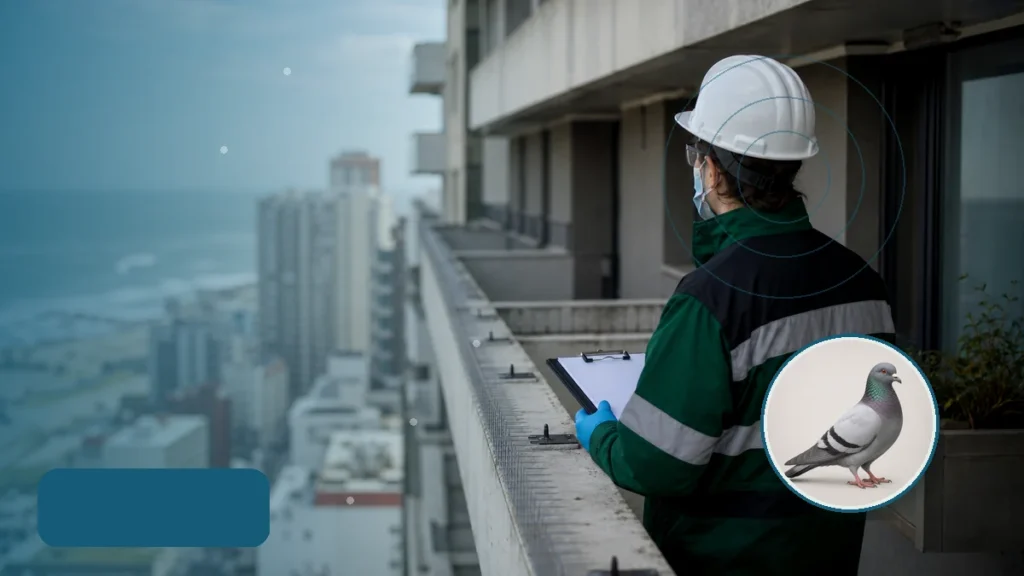 Técnica evaluando puntos de posado y exclusión de aves en un edificio. Tema: Psitacosis y aves: señales que requieren consulta veterinaria y s (AMBA y Argentina)