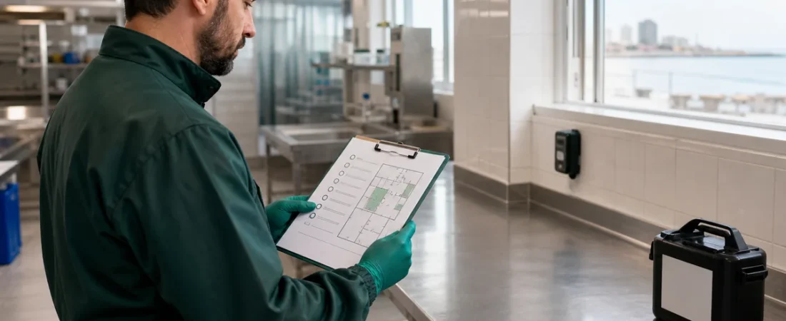 Profesional de control de plagas revisando la documentación técnica de una aplicación domisanitaria en una cocina comercial