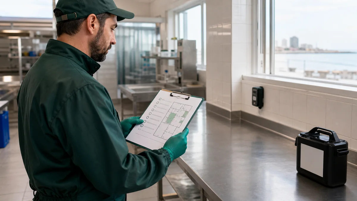 Profesional de control de plagas revisando la documentación técnica de una aplicación domisanitaria en una cocina comercial