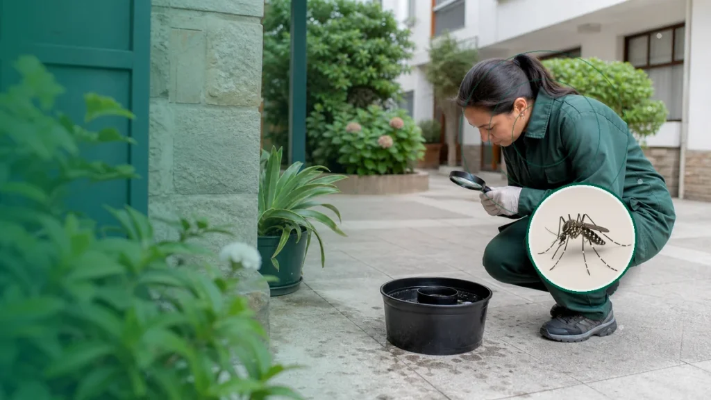 Técnica inspeccionando una ovitrampa y criaderos de mosquitos. Tema: Ovitrampas y vigilancia de Aedes: qué mide la red nacional (Argentina)