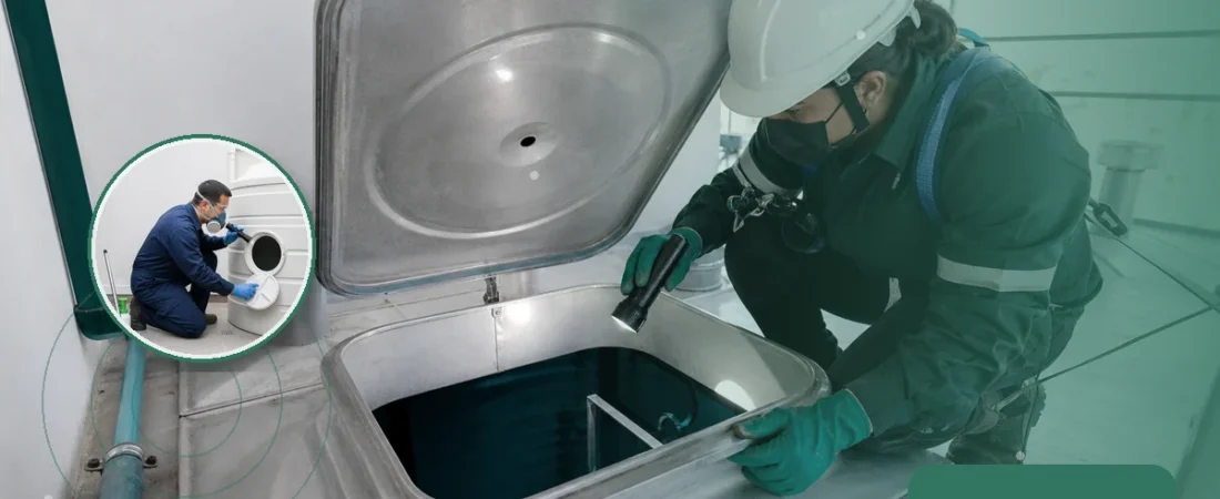 Técnica verificando el interior y la tapa de un tanque de agua. Tema: Limpieza de tanques de agua en edificios durante el invierno (Mar del Plata)