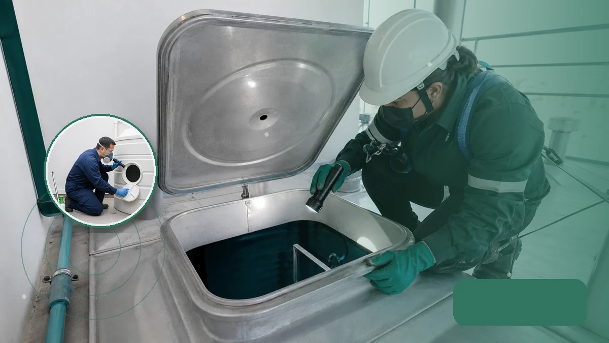 Técnica verificando el interior y la tapa de un tanque de agua. Tema: Limpieza de tanques de agua en edificios durante el invierno (Mar del Plata)