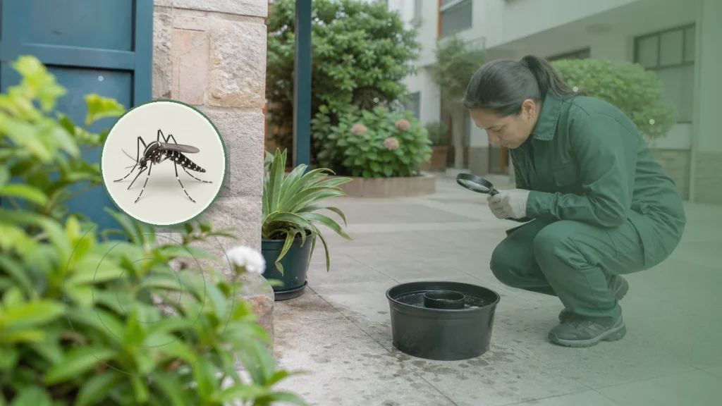 Técnica inspeccionando una ovitrampa y criaderos de mosquitos. Tema: Vacunación focalizada contra dengue: cómo se integra con el control ambi (Centro, NOA y NEA)