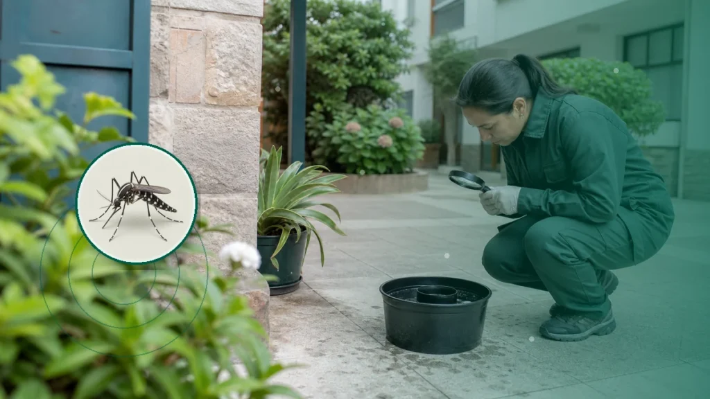 Técnica inspeccionando una ovitrampa y criaderos de mosquitos. Tema: Aedes en invierno: los huevos sobreviven y la prevención continúa (Argentina)