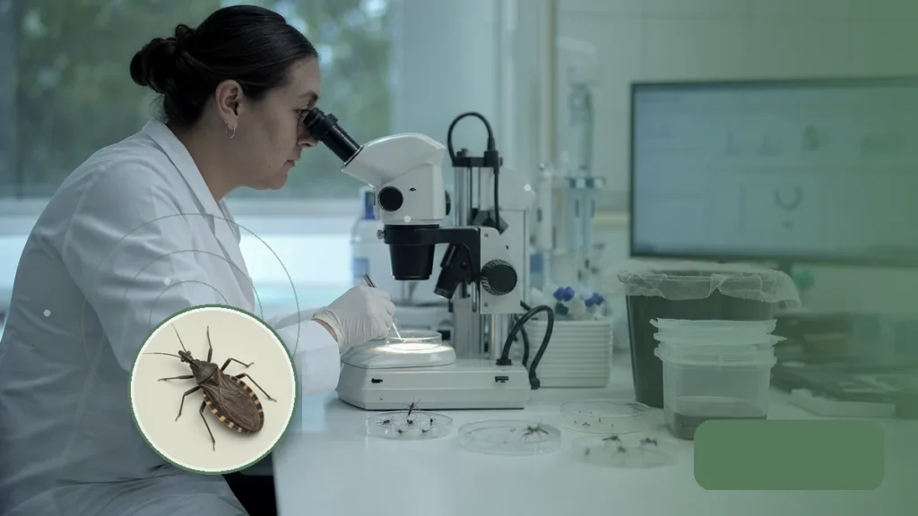 Investigadora examinando mosquitos en un laboratorio entomológico. Tema: Vinchucas: identificación, vigilancia domiciliaria y resistenc (Centro, Cuyo, NOA y NEA)